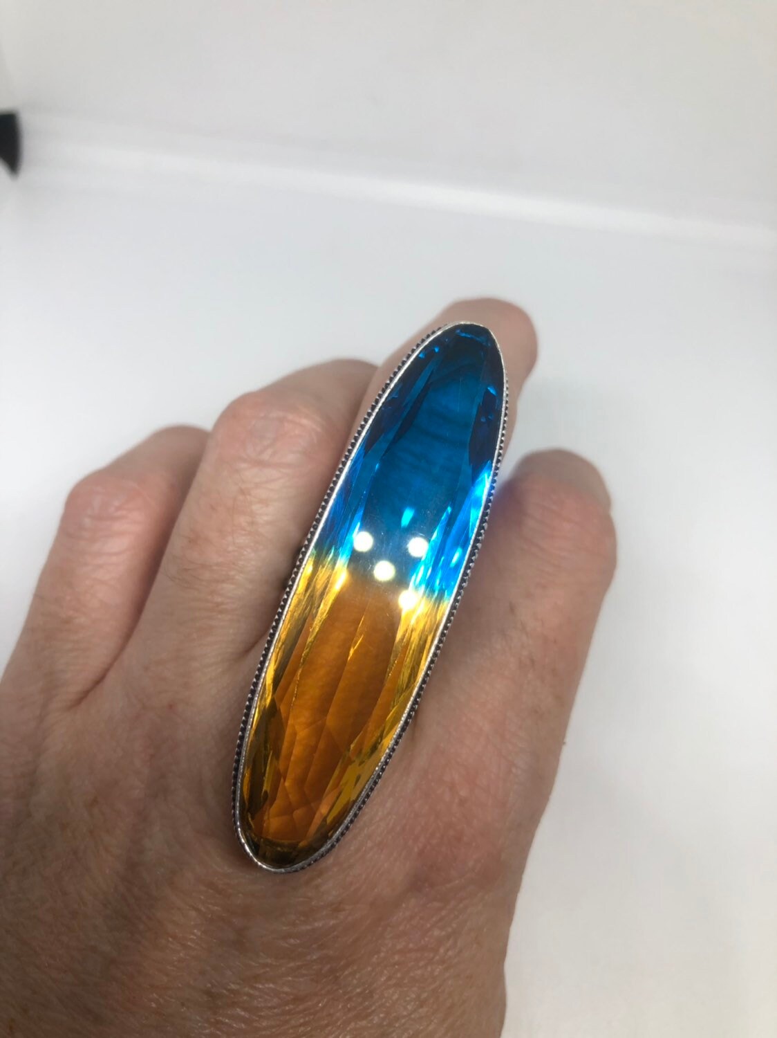 Vintage Blue Yellow Vintage Art Glass Long Knuckle Ring