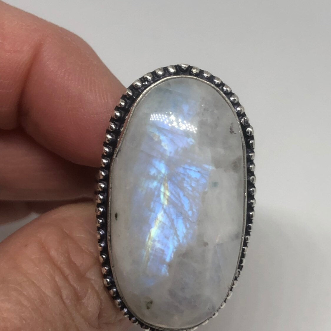 Vintage Blue White Rainbow Moonstone Silver Cocktail Statement Ring