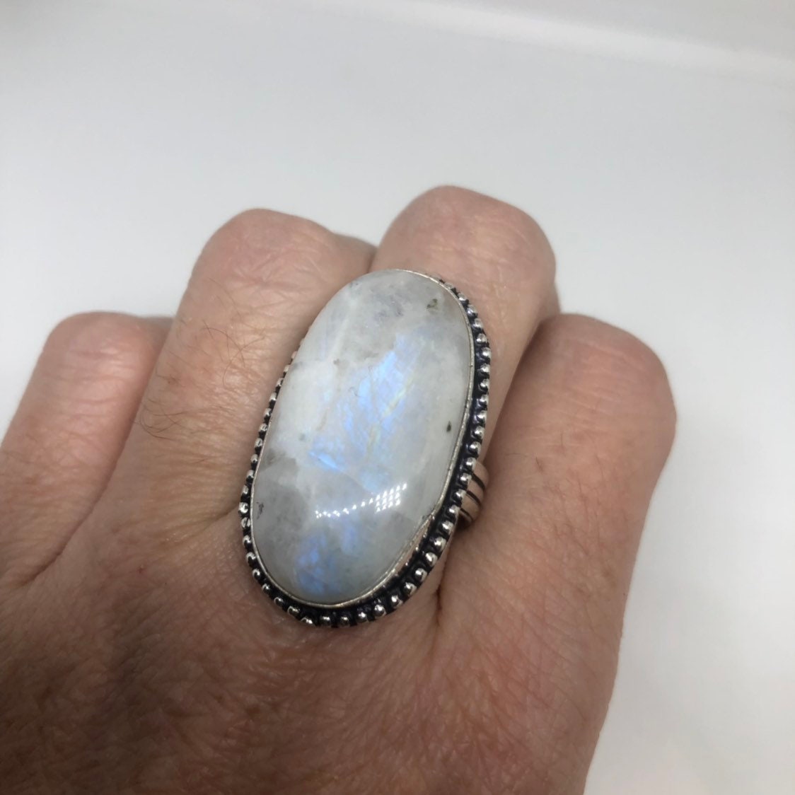 Vintage Blue White Rainbow Moonstone Silver Cocktail Statement Ring