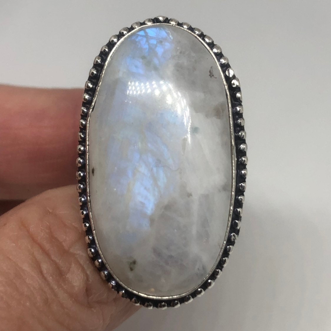 Vintage Blue White Rainbow Moonstone Silver Cocktail Statement Ring