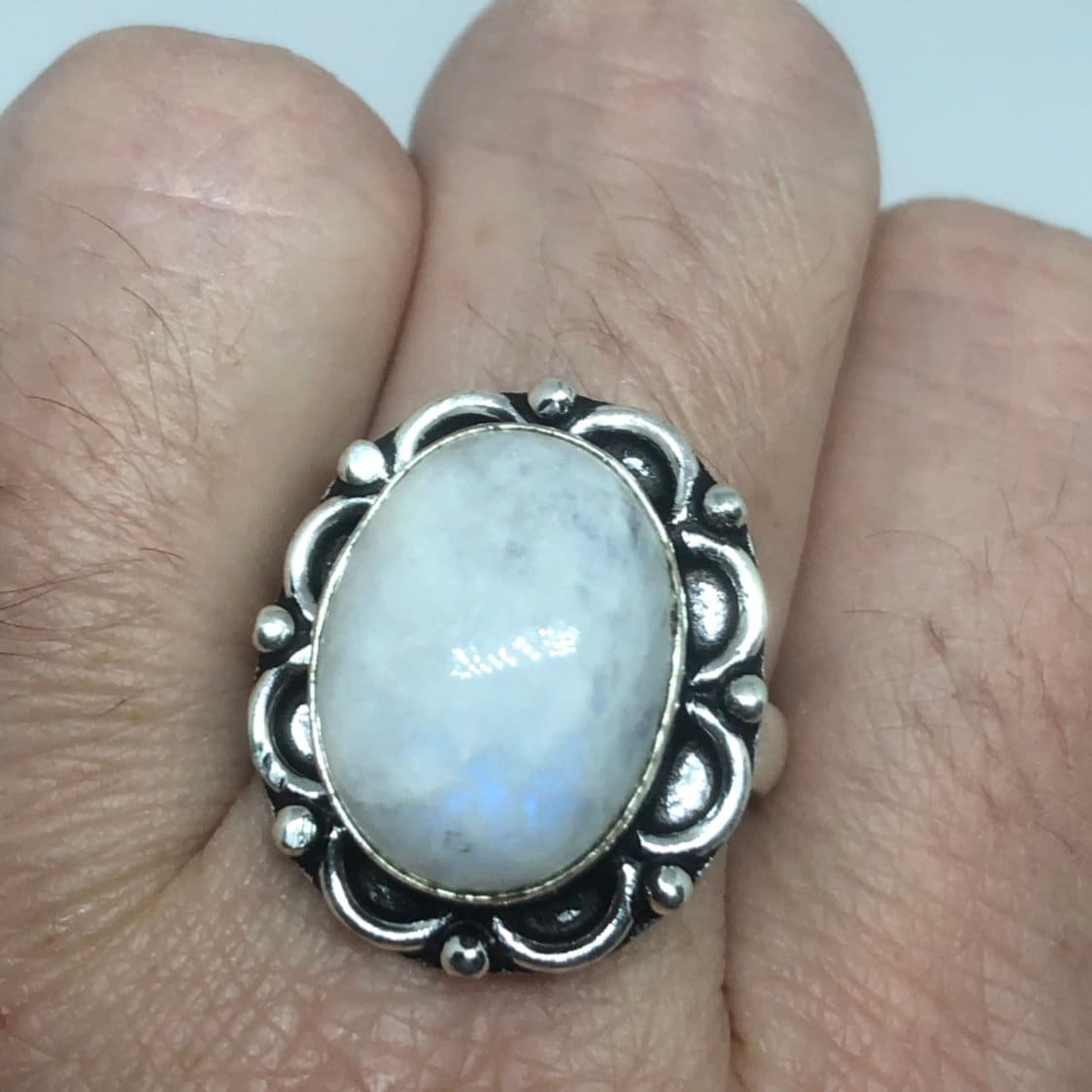 Vintage Large Blue White Rainbow Moonstone Stone Silver Ring