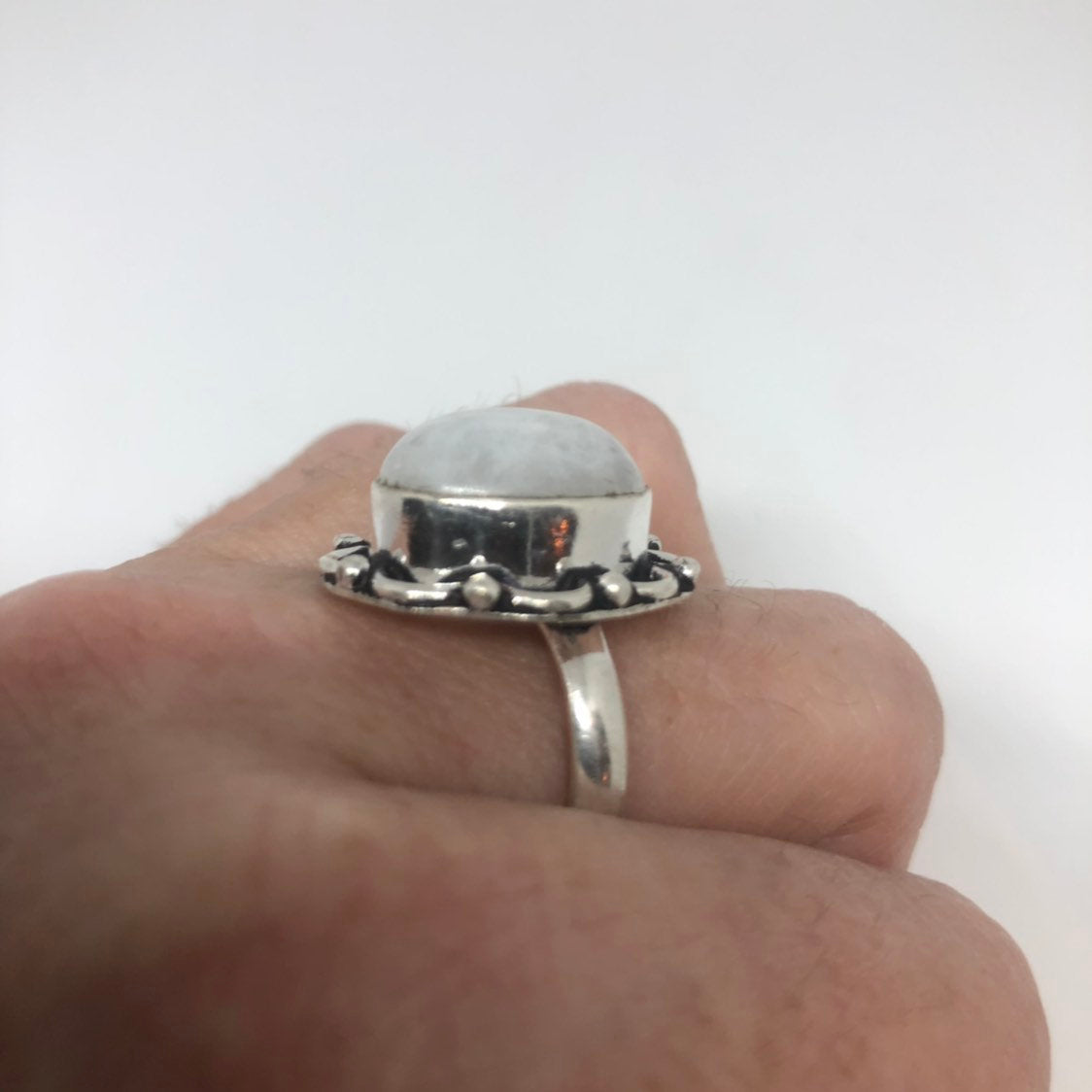 Vintage Large Blue White Rainbow Moonstone Stone Silver Ring