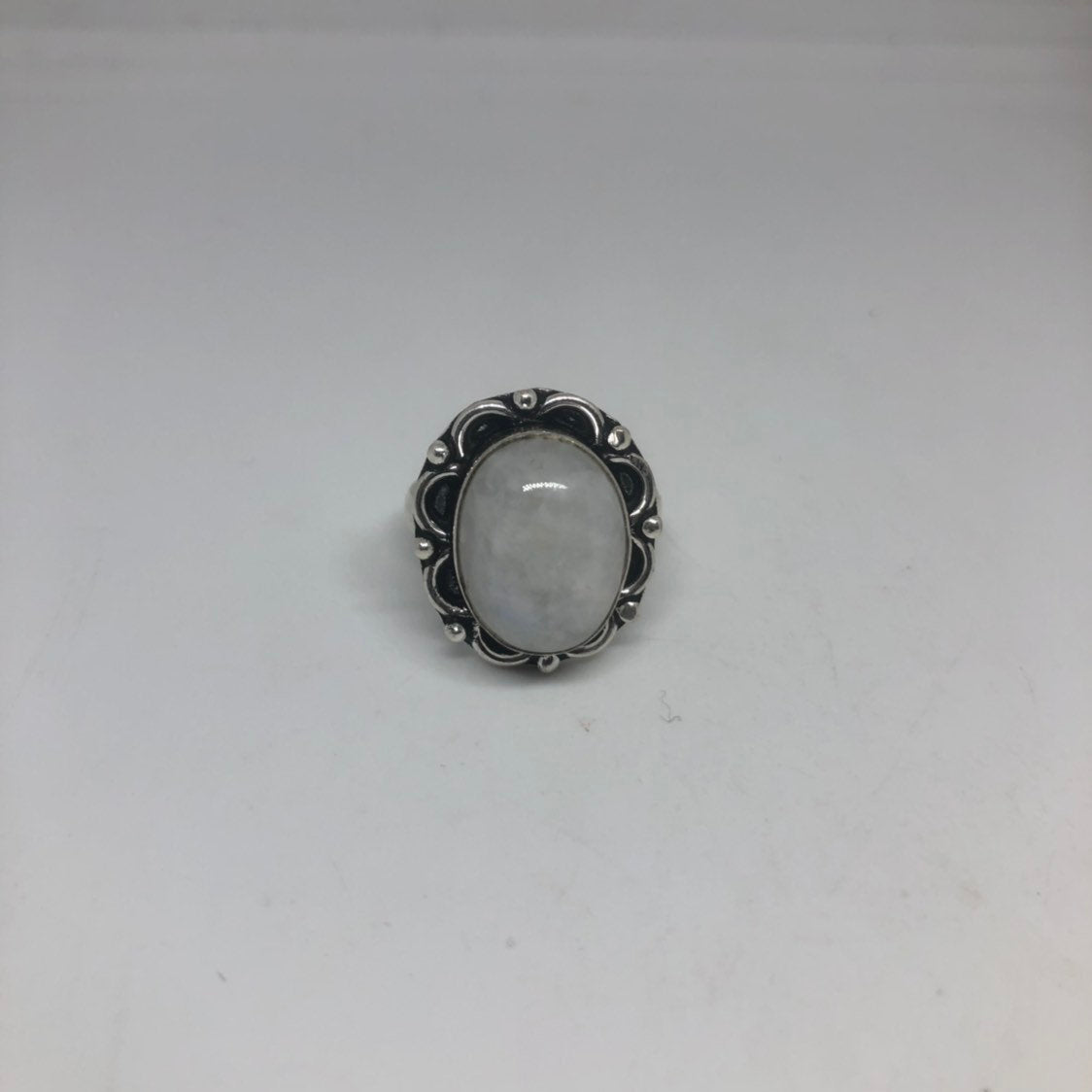 Vintage Large Blue White Rainbow Moonstone Stone Silver Ring