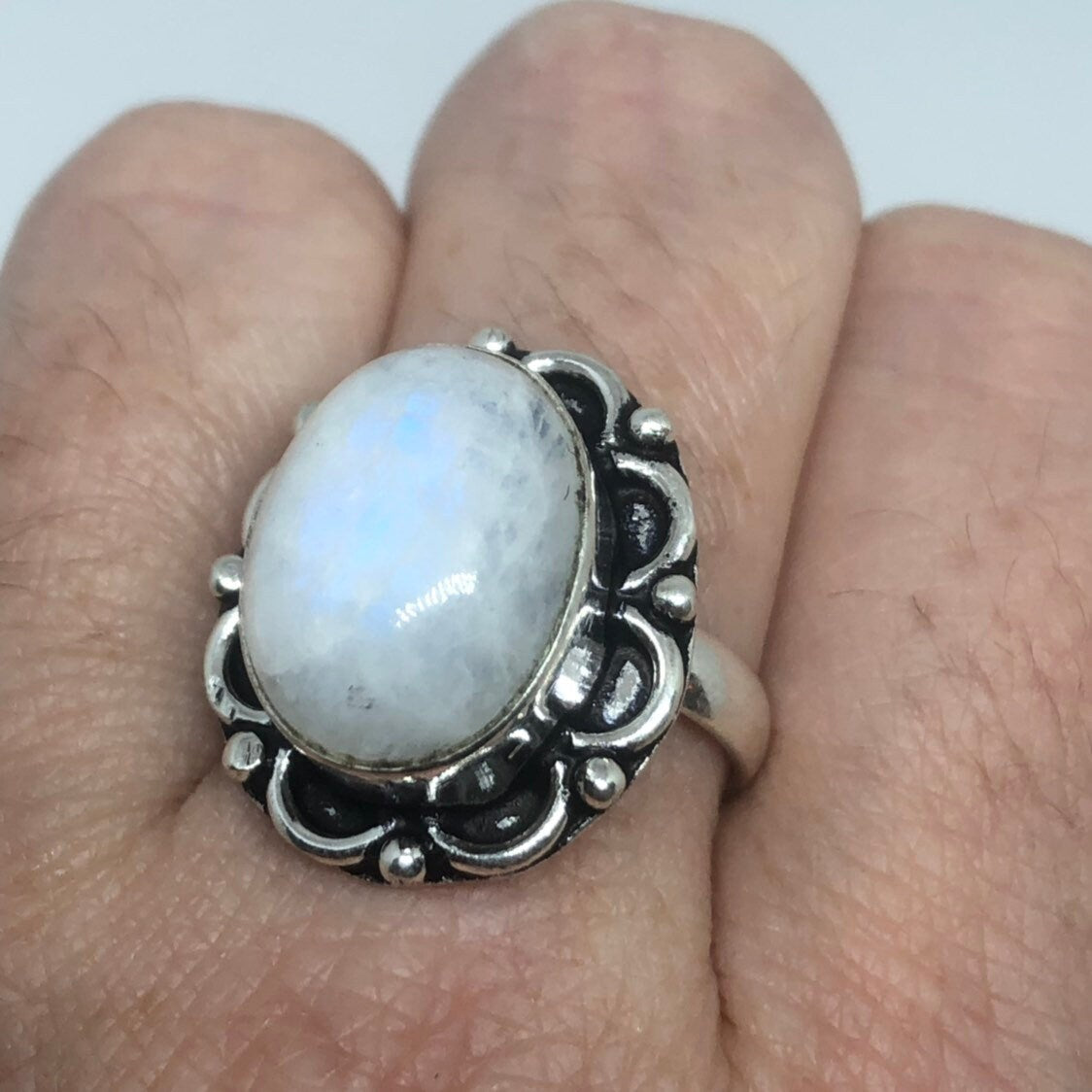 Vintage Large Blue White Rainbow Moonstone Stone Silver Ring