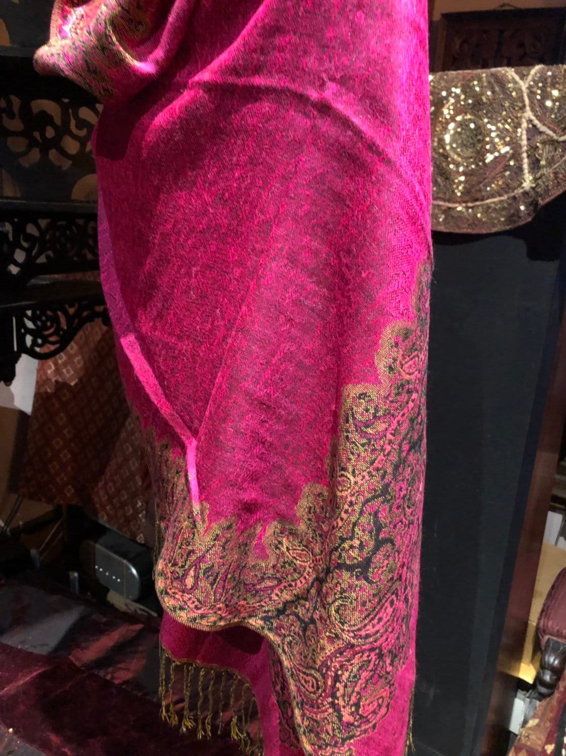 Vintage Fushia Paisley Brocade Pashmina Scarf Wrap