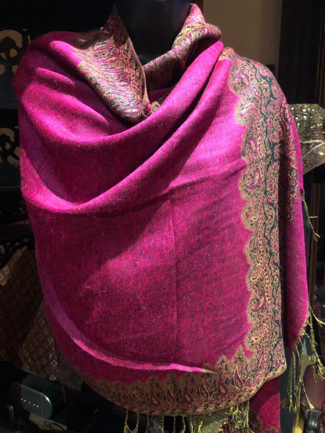 Vintage Fushia Paisley Brocade Pashmina Scarf Wrap