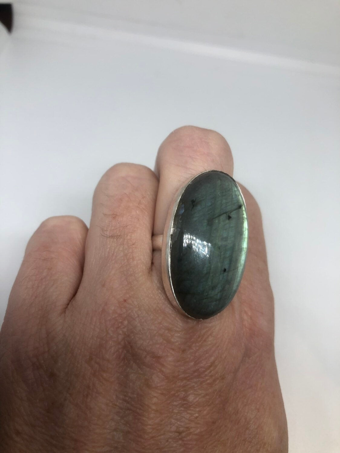 Vintage Large Labradorite Rainbow Moonstone Stone Silver Ring