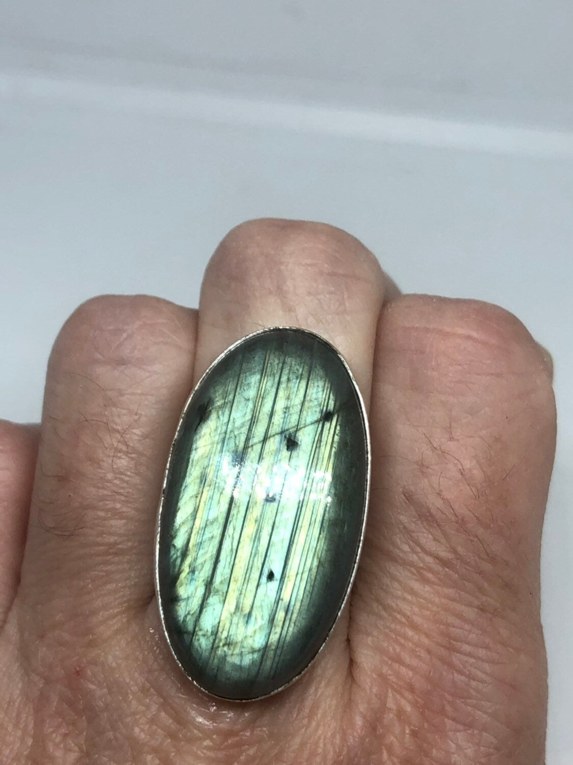 Vintage Large Labradorite Rainbow Moonstone Stone Silver Ring