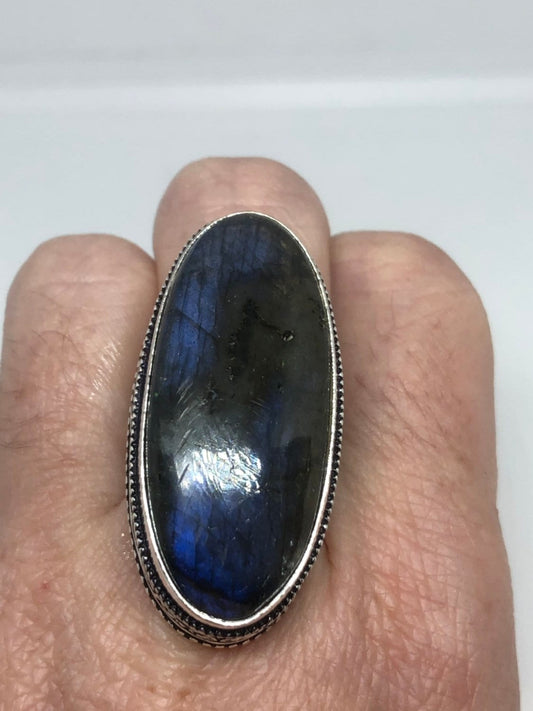 Vintage Labradorite Rainbow Moonstone Stone Silver Statement Ring