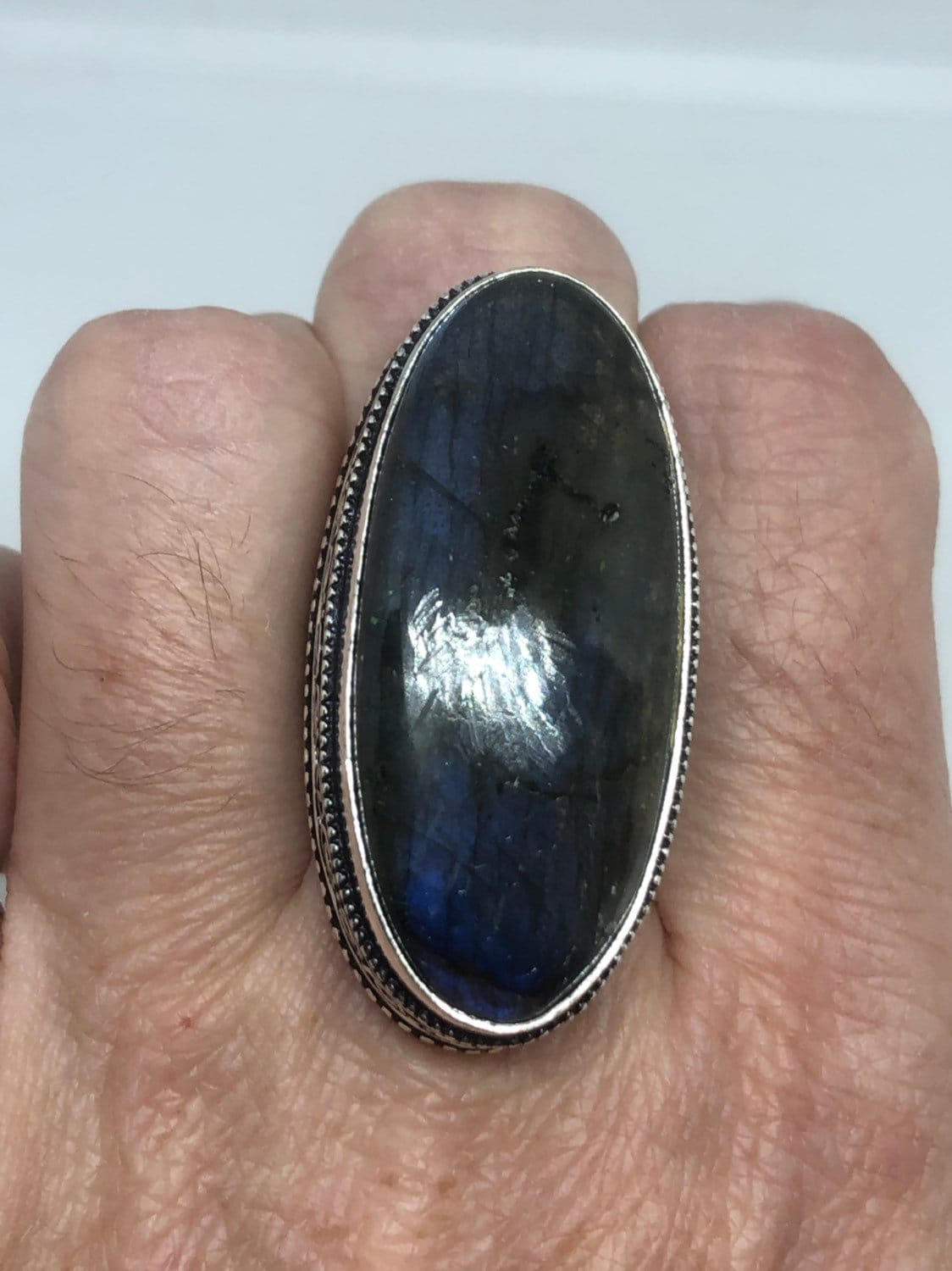 Vintage Labradorite Rainbow Moonstone Stone Silver Statement Ring