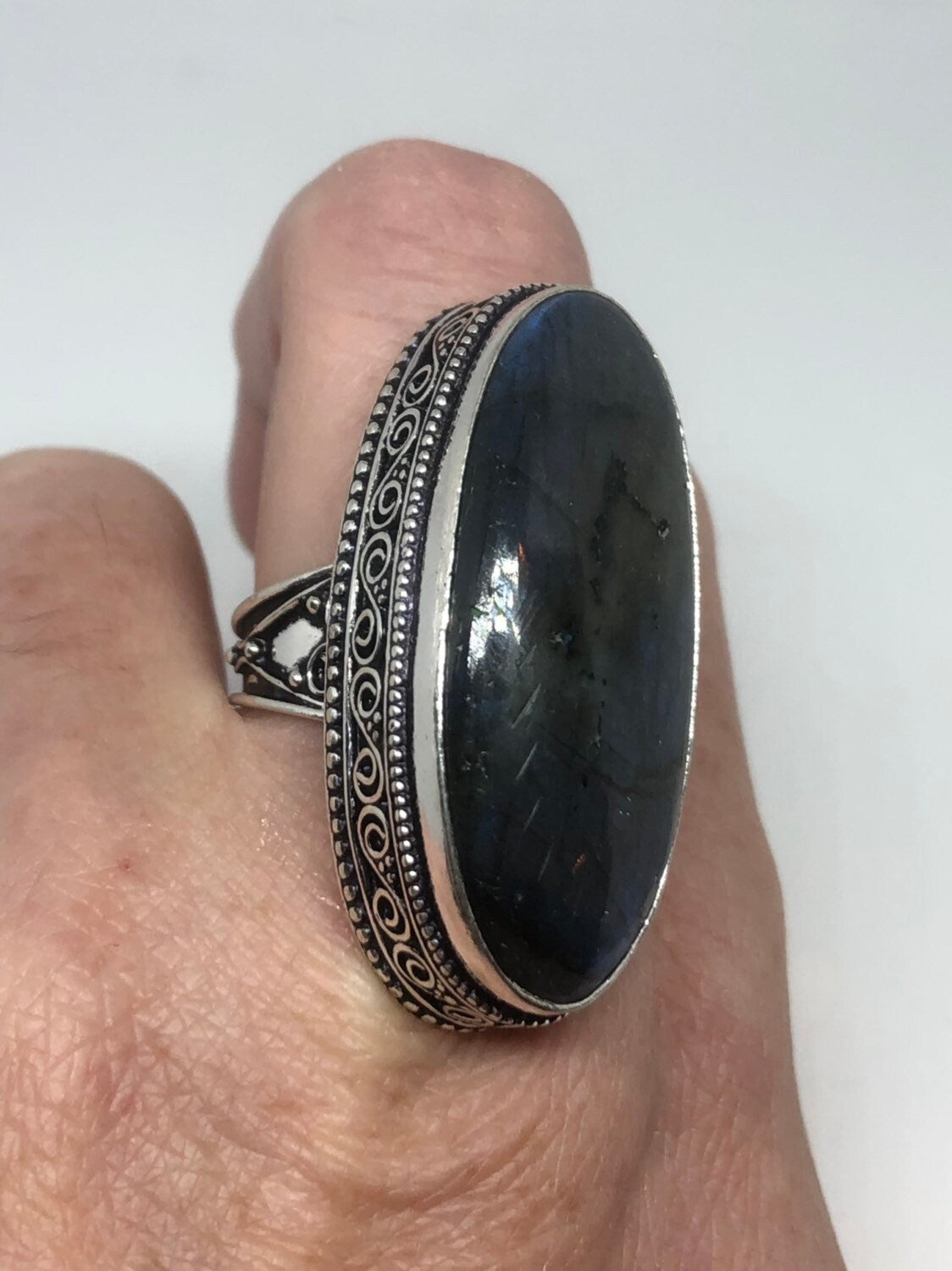 Vintage Labradorite Rainbow Moonstone Stone Silver Statement Ring