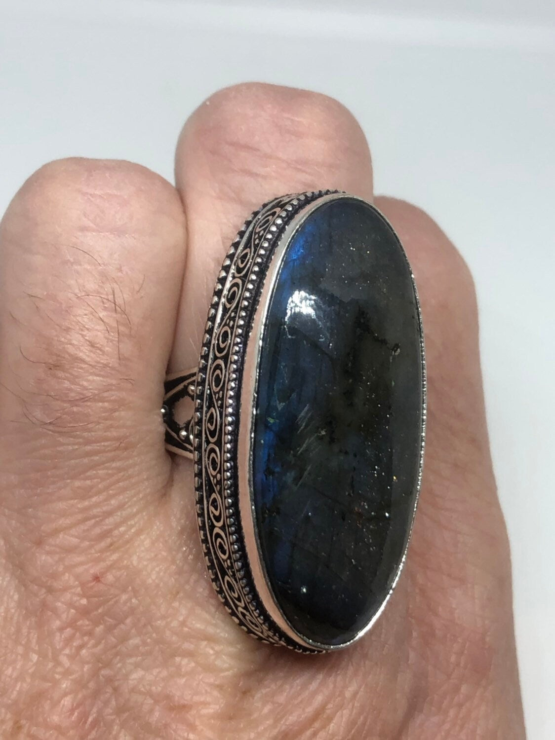 Vintage Labradorite Rainbow Moonstone Stone Silver Statement Ring