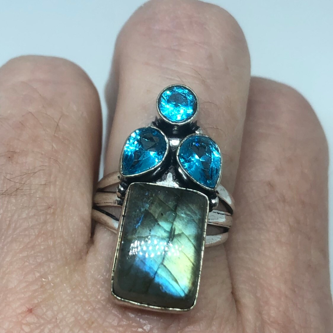 Vintage Large Labradorite Rainbow Moonstone Stone Silver Ring