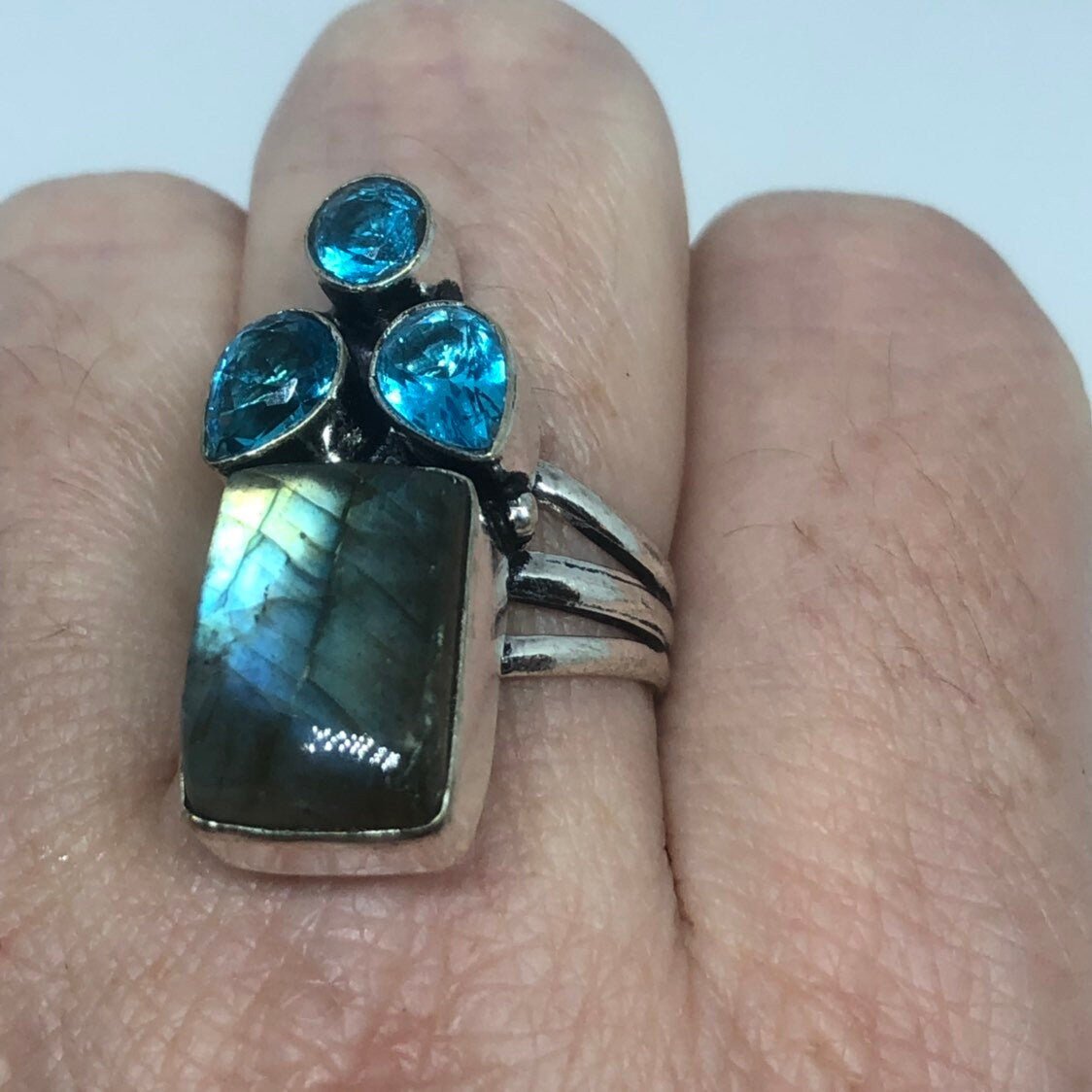 Vintage Large Labradorite Rainbow Moonstone Stone Silver Ring