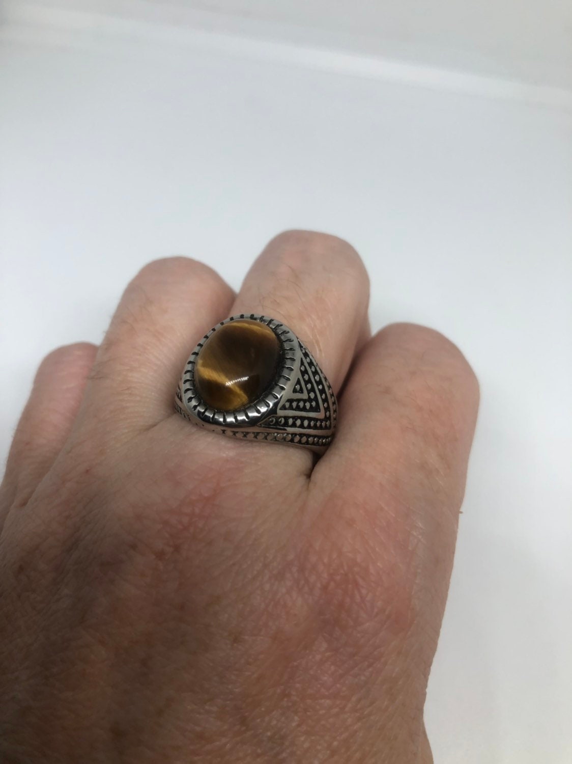 Vintage Gothic Stainless Steel Genuine Tigers Eye Ring