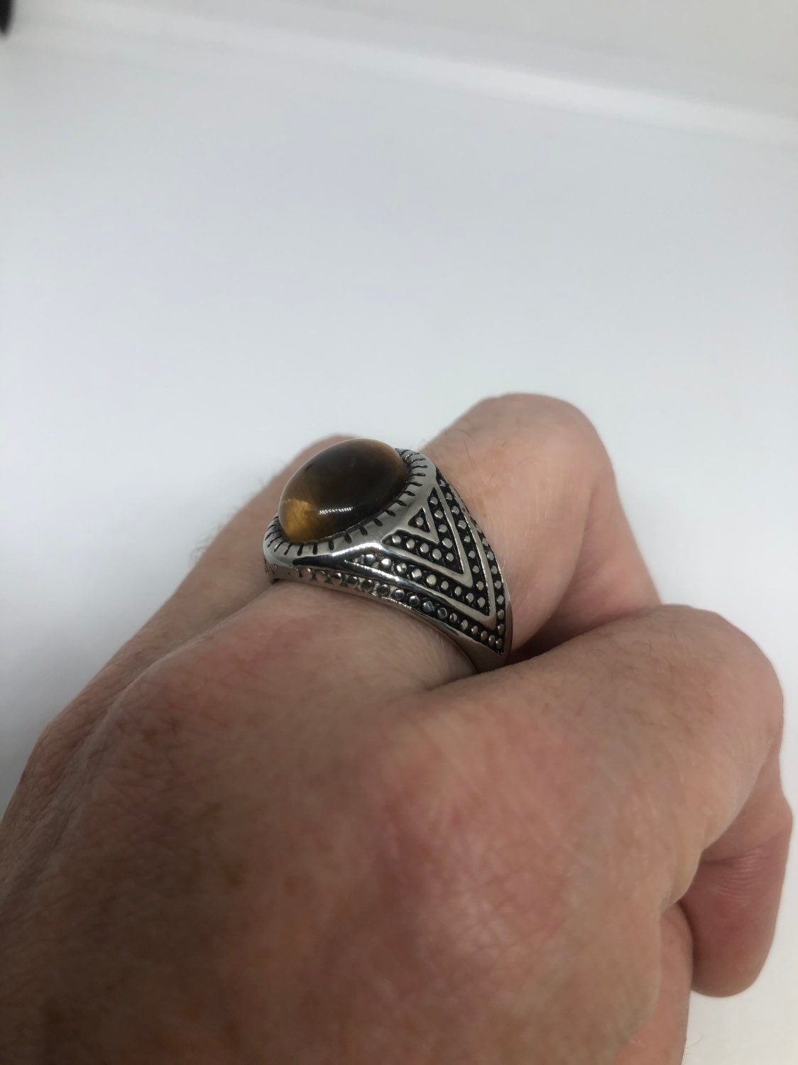 Vintage Gothic Stainless Steel Genuine Tigers Eye Ring