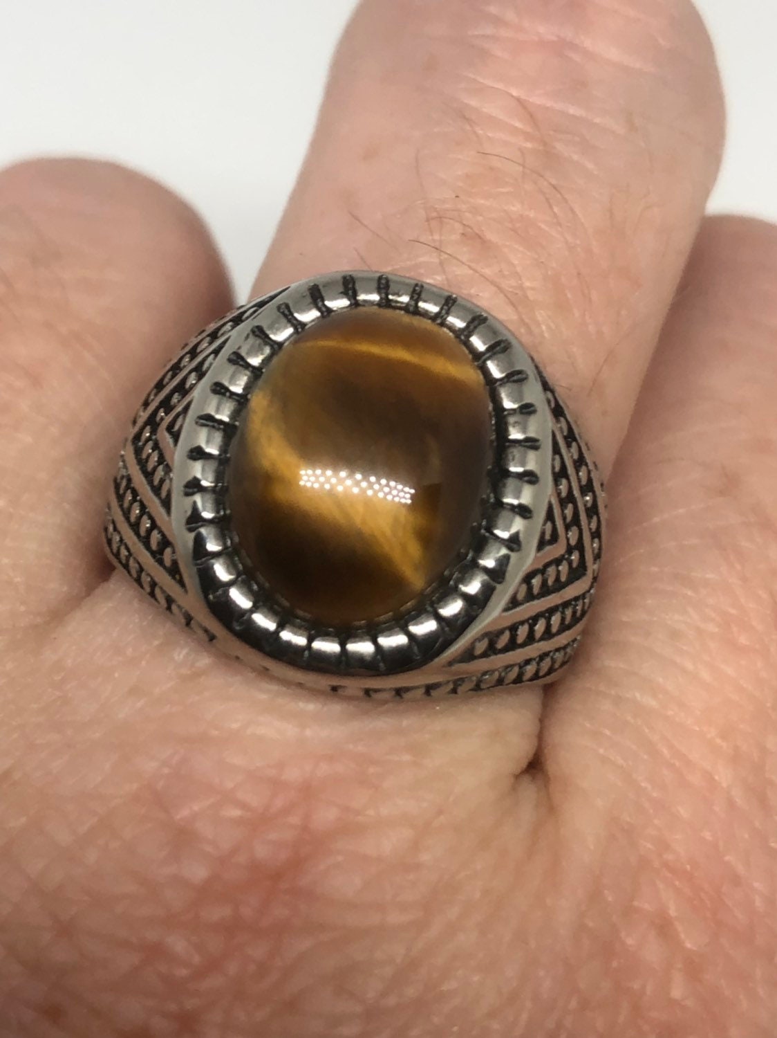 Vintage Gothic Stainless Steel Genuine Tigers Eye Ring