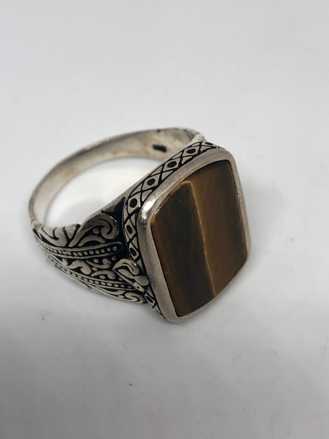 Vintage Gothic Sterling Silver Genuine Tigers Eye Mens Ring