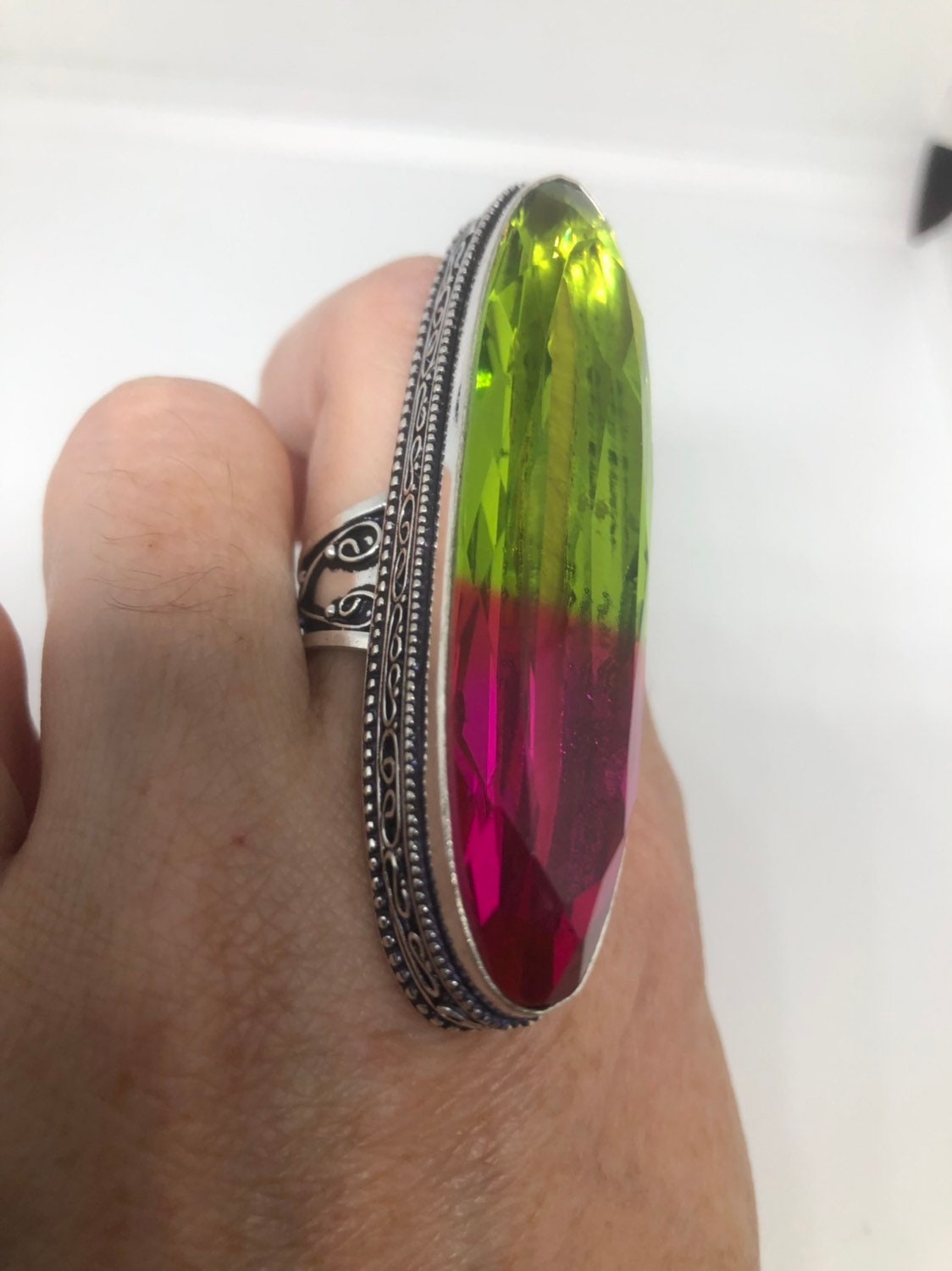 Vintage Pink to Lime Green Vintage Art Glass Ring About 3 Inches Knuckle Ring