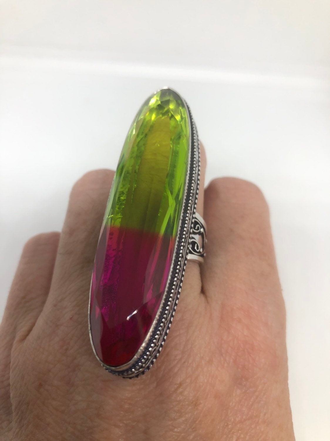 Vintage Pink to Lime Green Vintage Art Glass Ring About 3 Inches Knuckle Ring