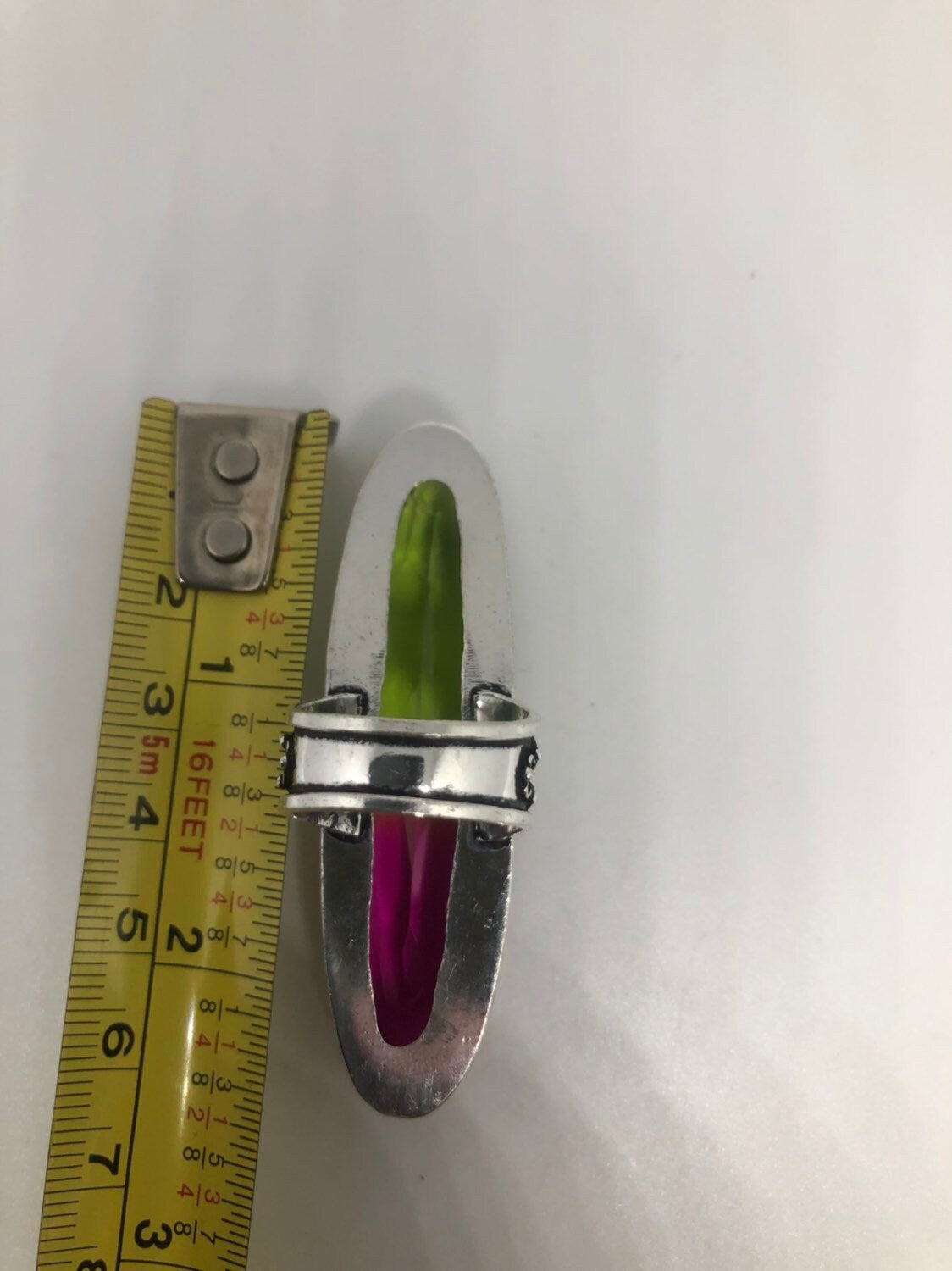 Vintage Pink to Lime Green Vintage Art Glass Ring About 3 Inches Knuckle Ring