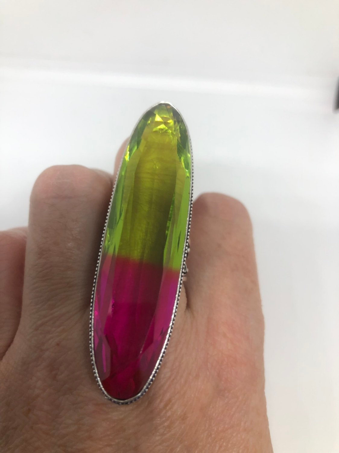 Vintage Pink to Lime Green Vintage Art Glass Ring About 3 Inches Knuckle Ring