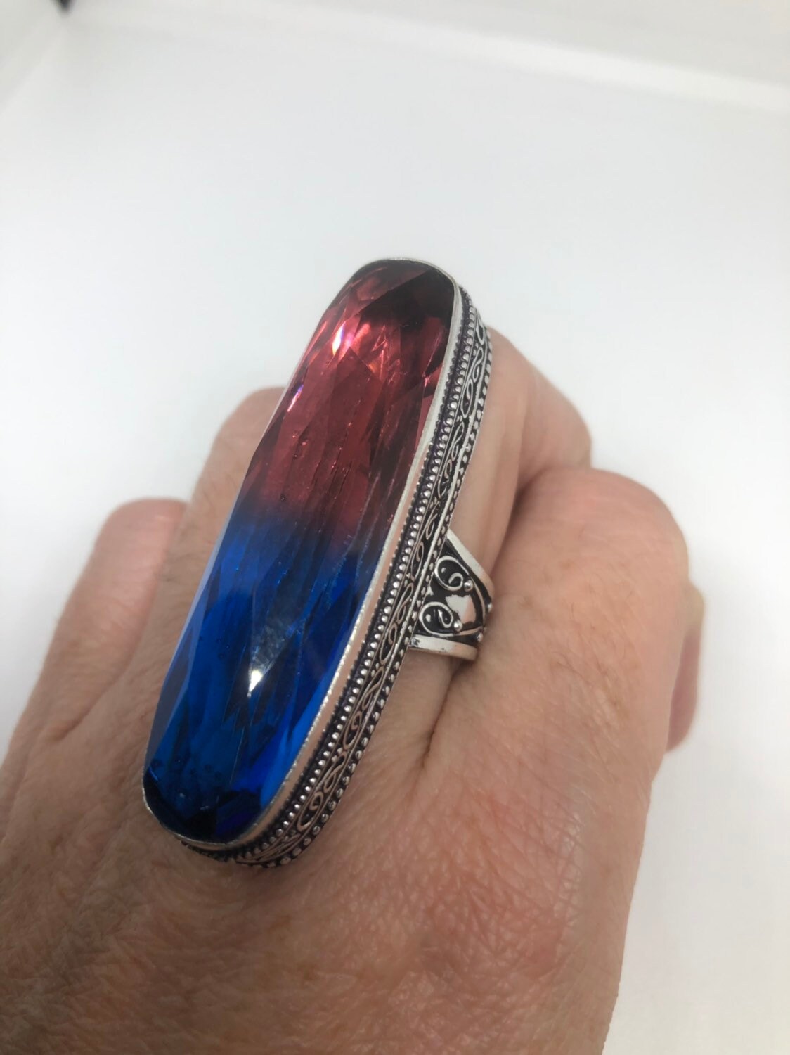 Vintage Red Blue Vintage Art Glass Ring About 3 Inches Knuckle Ring