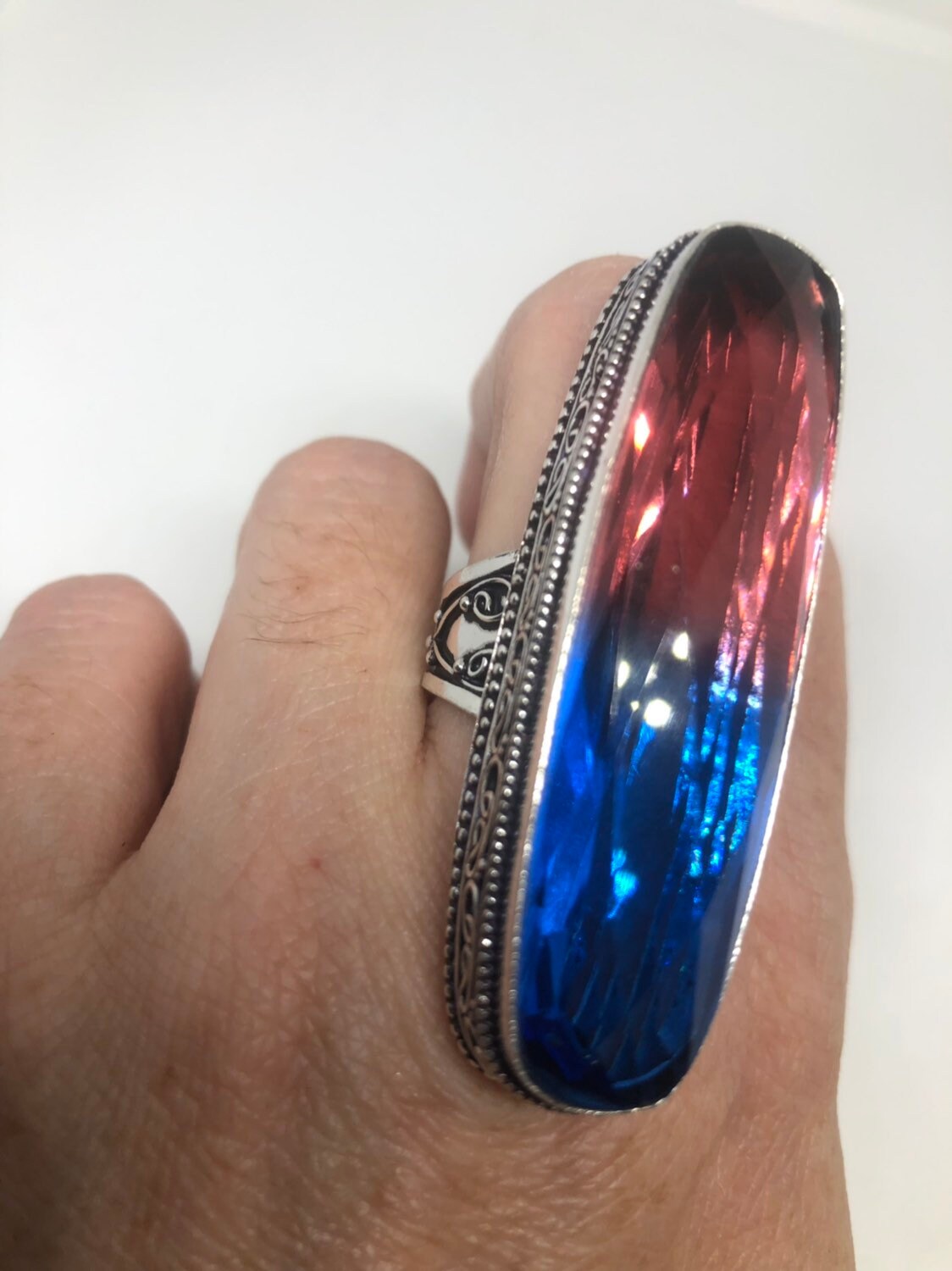 Vintage Red Blue Vintage Art Glass Ring About 3 Inches Knuckle Ring