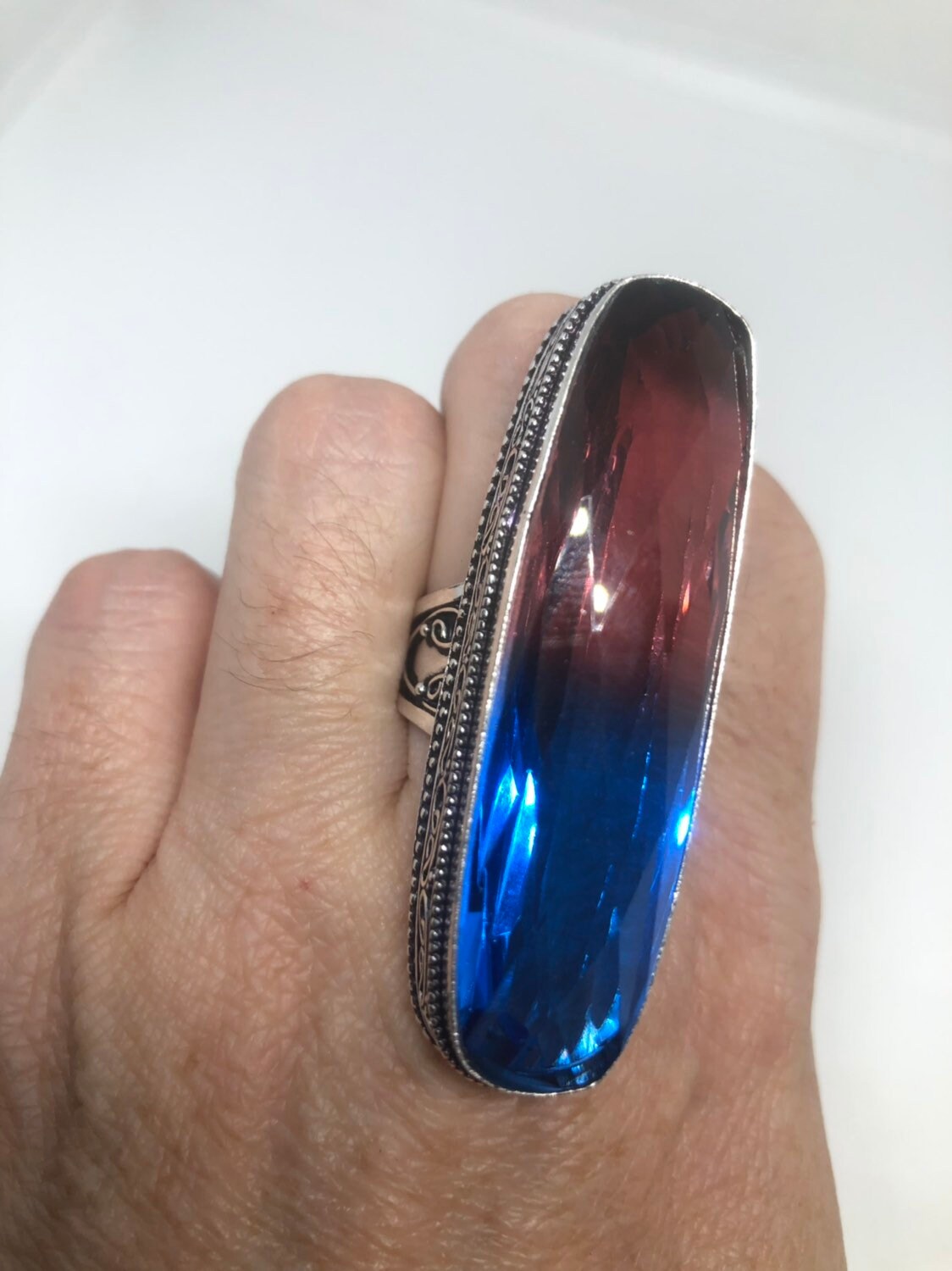 Vintage Red Blue Vintage Art Glass Ring About 3 Inches Knuckle Ring