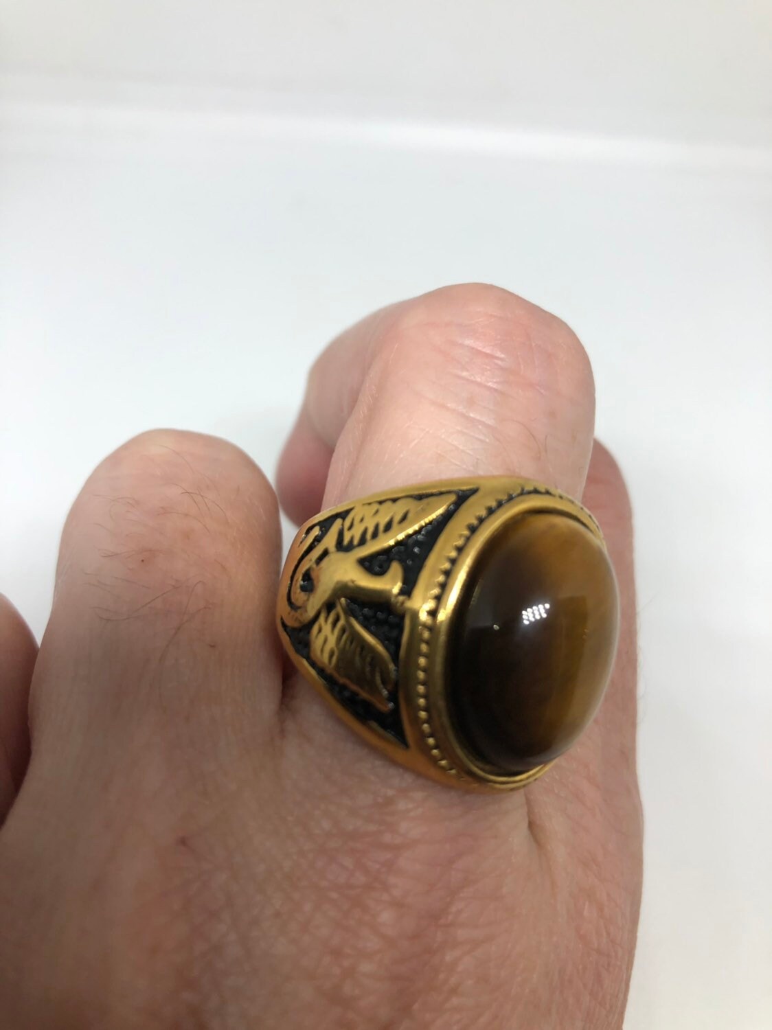 Vintage Gothic Gold Finished Stainless Steel Genuine Tigers Eye Dragon Mens Ring