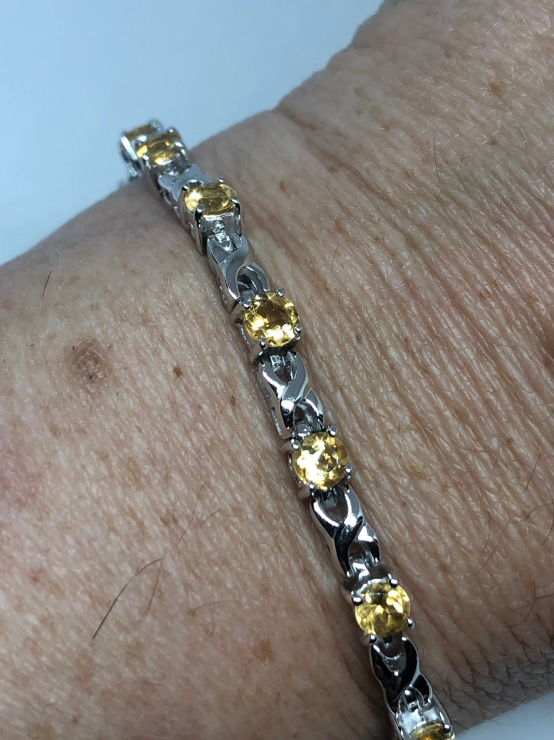 Vintage Gold Citrine Bracelet Deco 925 Sterling Silver Tennis