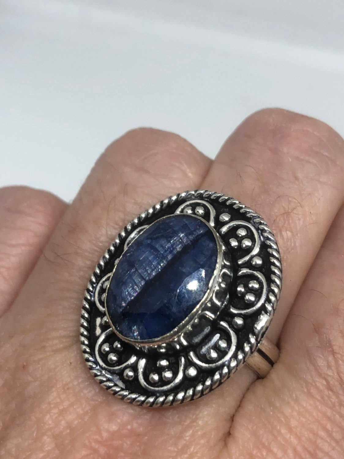 Vintage Handmade Deep Blue Sapphire Setting White Bronze Silver Gothic Ring