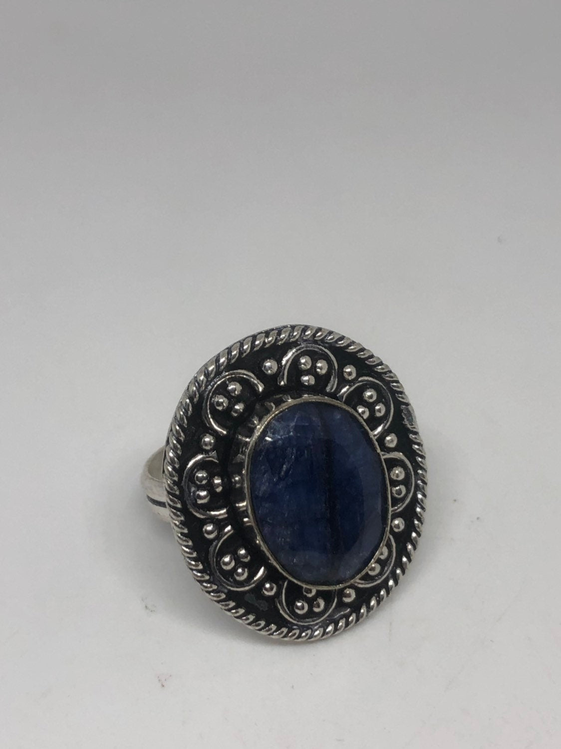 Vintage Handmade Deep Blue Sapphire Setting White Bronze Silver Gothic Ring