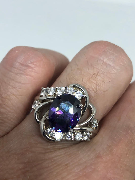 Vintage Handmade Deep Purple Amethyst CZ Setting 925 Sterling Silver Gothic Ring