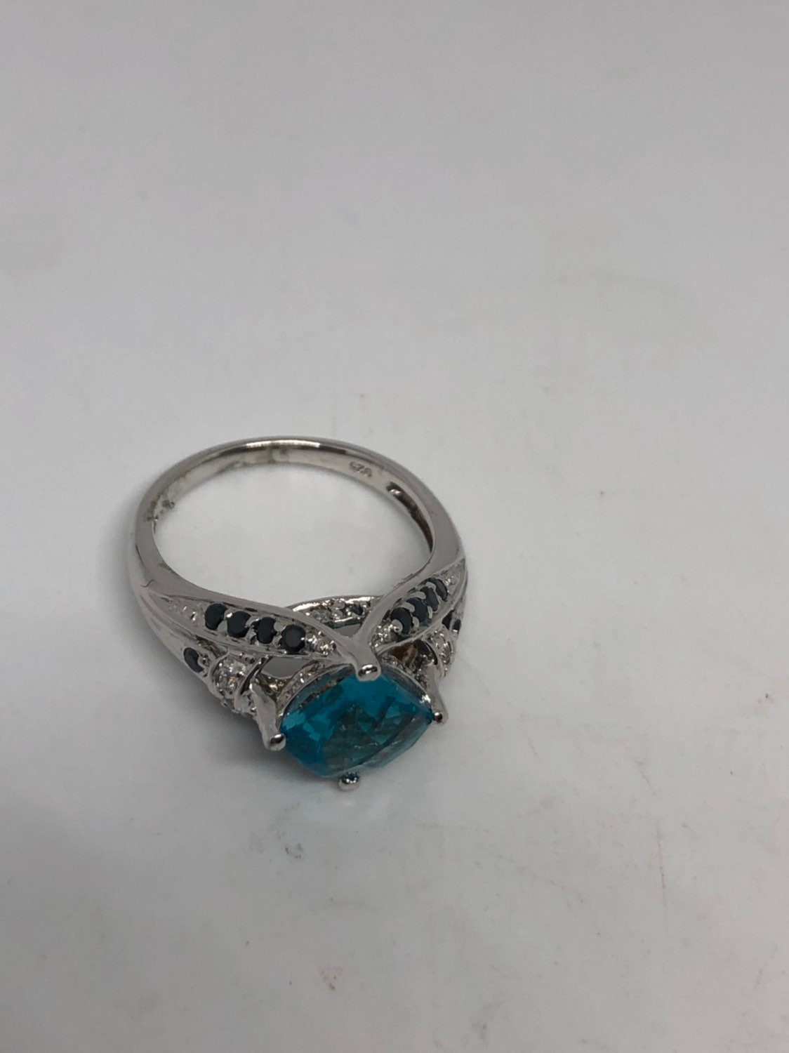 Vintage Genuine Blue Topaz 925 Sterling Silver Rhodium Ring