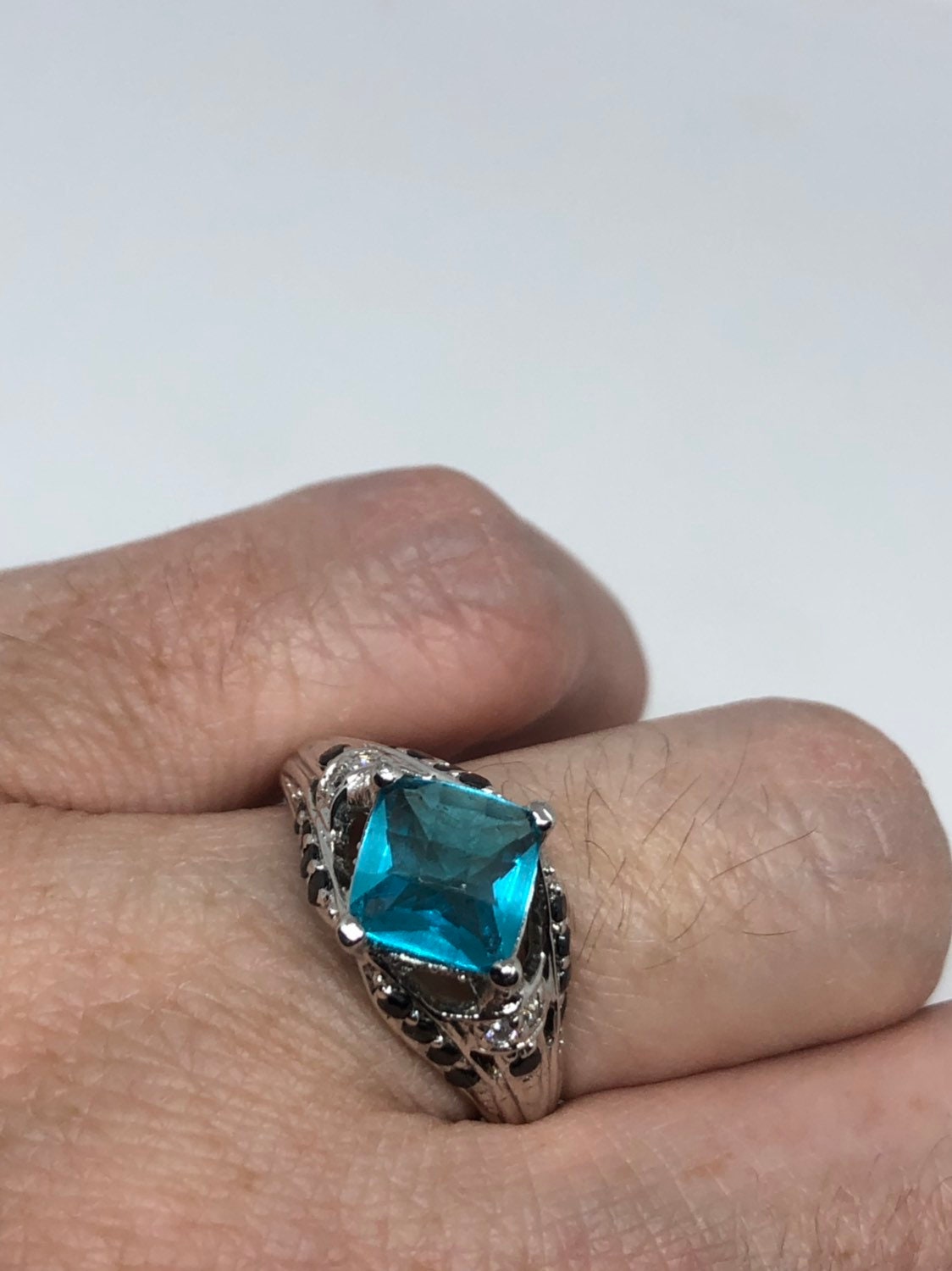 Vintage Genuine Blue Topaz 925 Sterling Silver Rhodium Ring