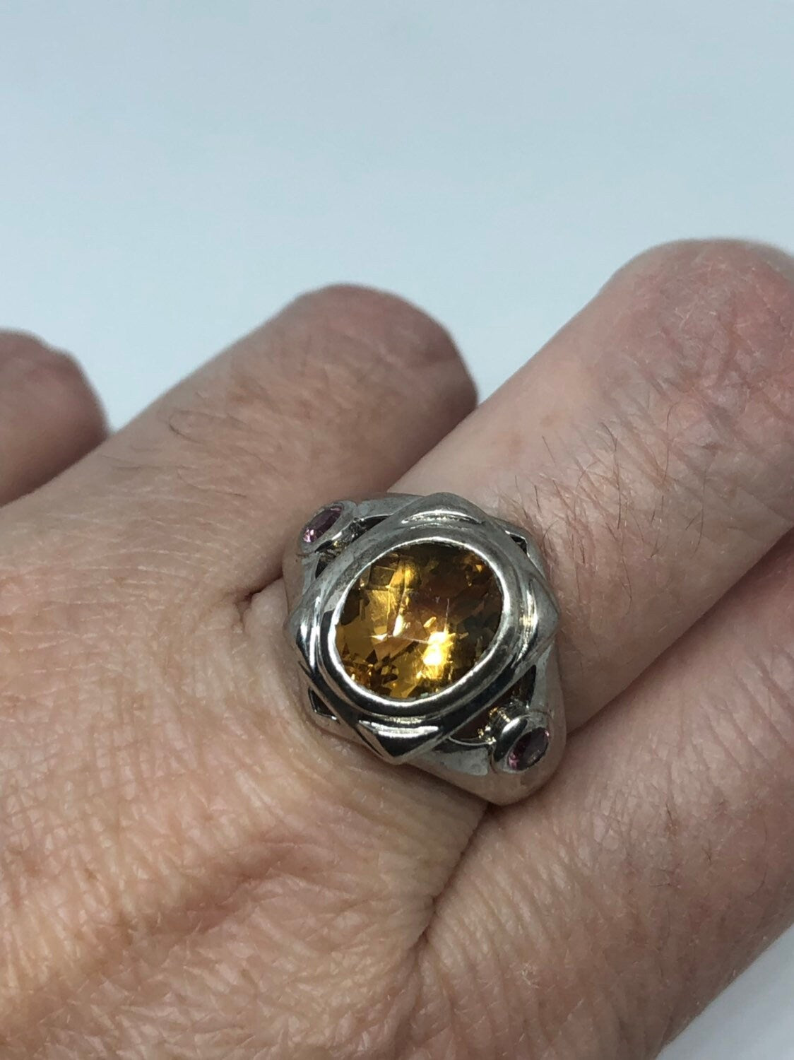 Vintage Gothic Golden Citrine Flower 925 Sterling Silver Ring