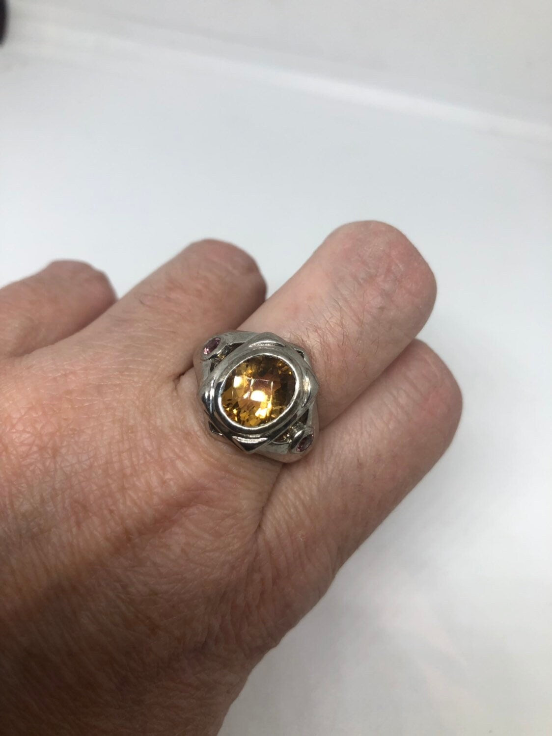 Vintage Gothic Golden Citrine Flower 925 Sterling Silver Ring