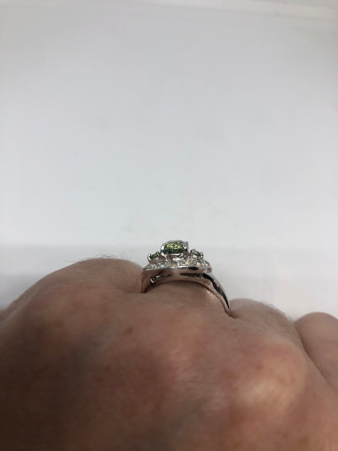 Vintage Handmade Genuine Green Amethyst White Sapphire 925 Sterling Silver Gothic Ring