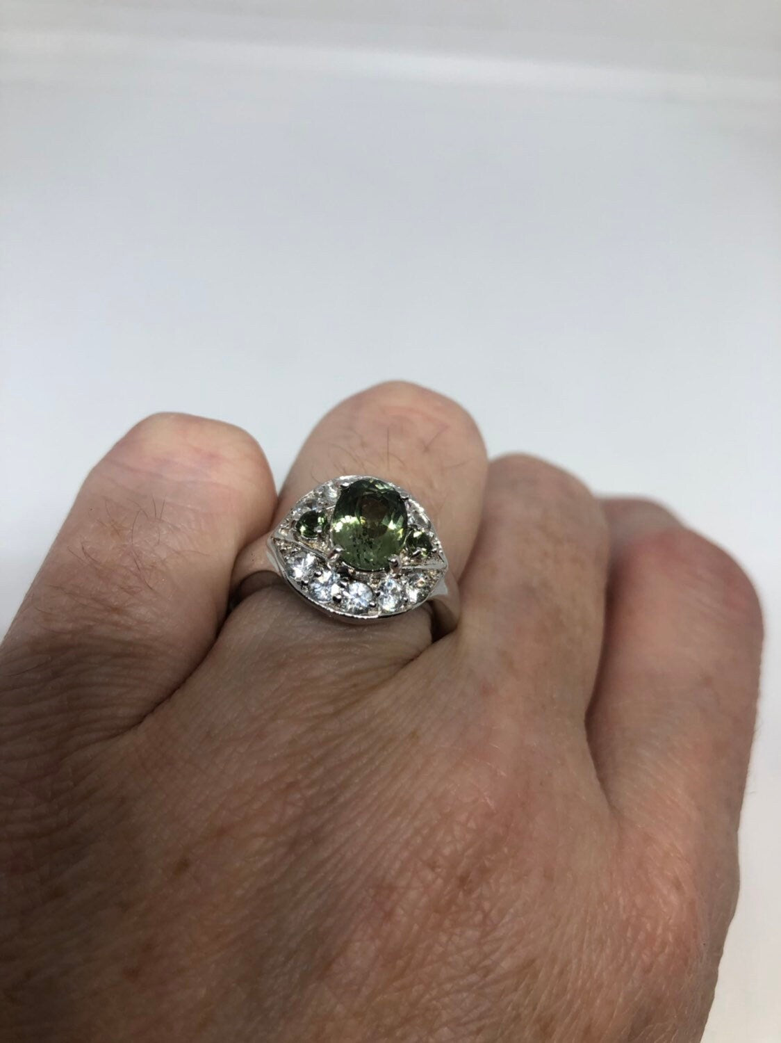 Vintage Handmade Genuine Green Amethyst White Sapphire 925 Sterling Silver Gothic Ring