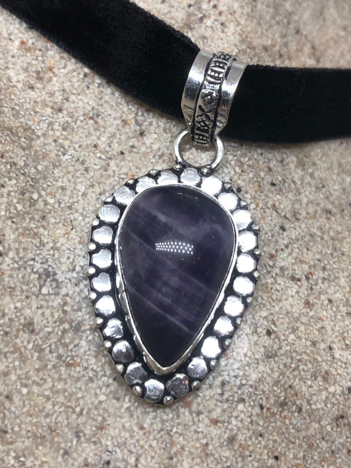 Bohemian Cabochon Cut Droplet Deep Purple Genuine Amethyst Necklace