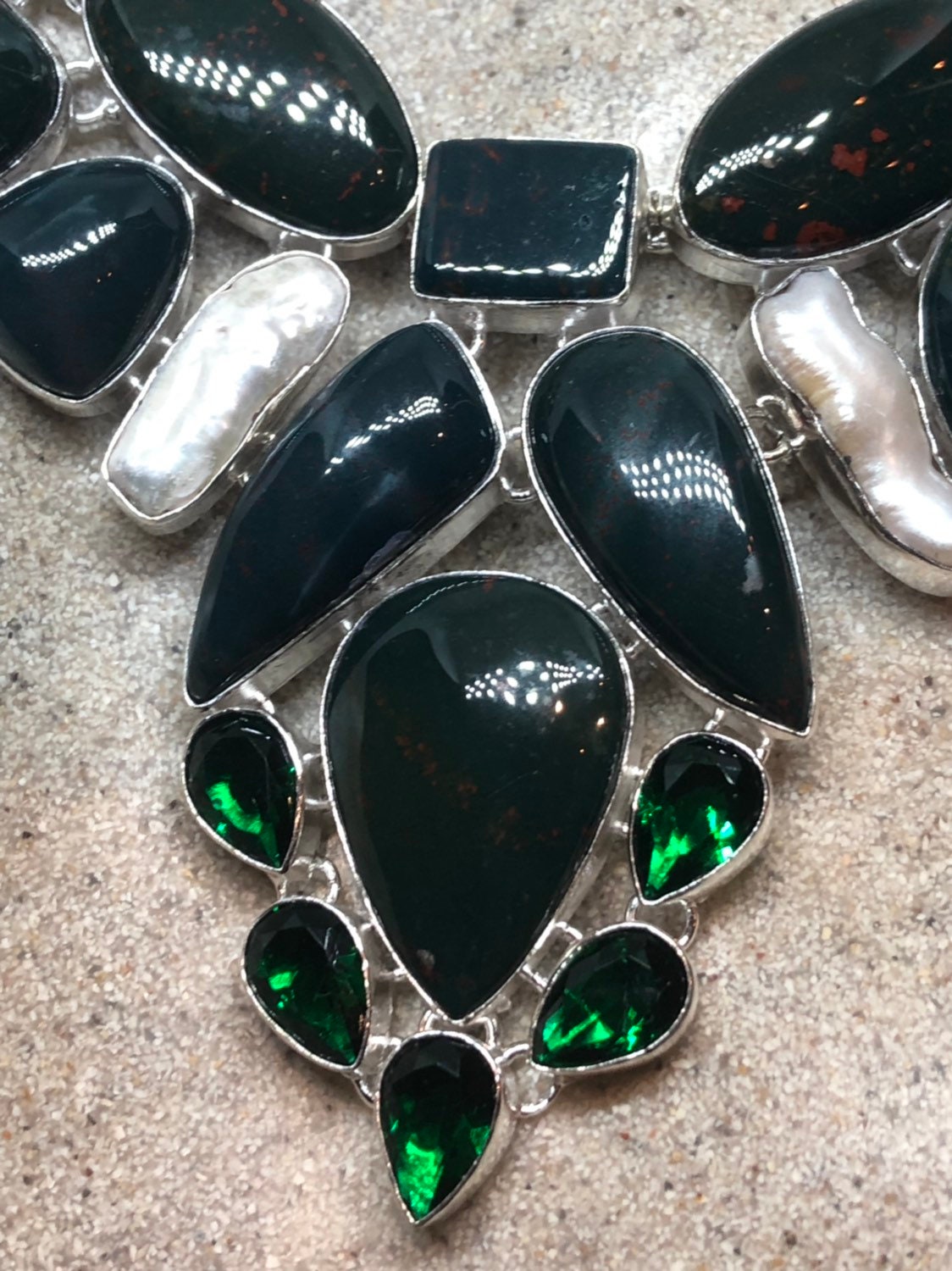 Green Handmade Gothic Styled Silver Finished Genuine Facetted Antique Glass and Green chrysoprase Jade collar bib Necklace