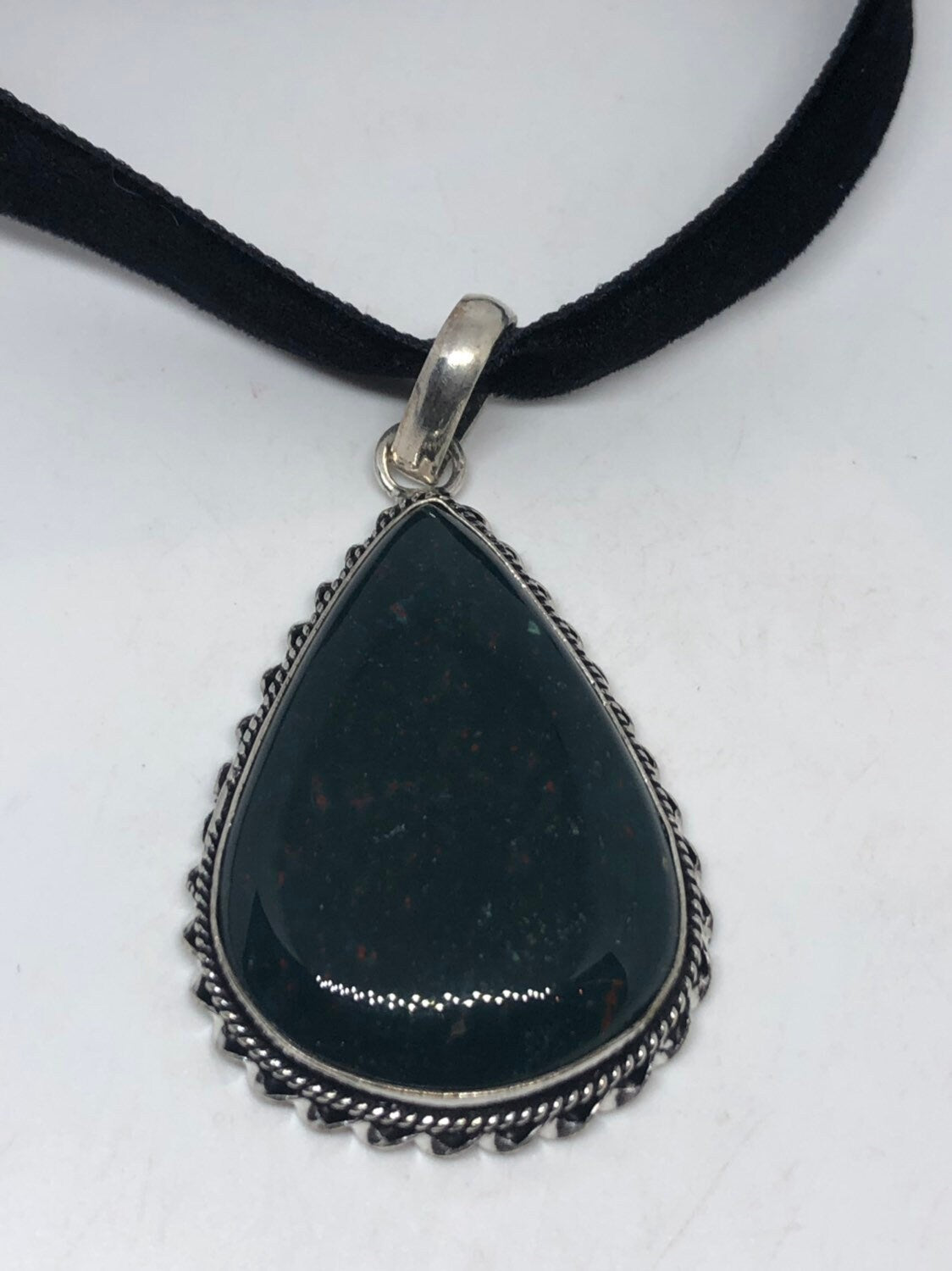 Vintage Green Bloodstone Silver Finish Necklace