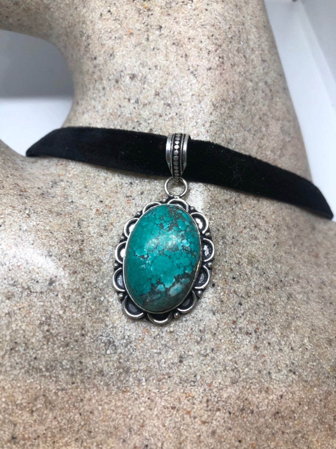 Blue Handmade Gothic Styled Silver Finished Genuine Tibetan Turquoise Choker Necklace