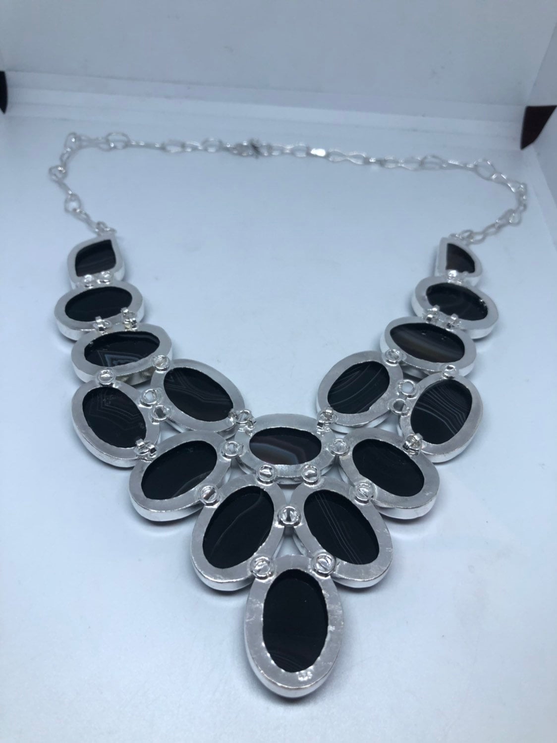 Vintage Black Agate 925 Sterling Silver Necklace Choker