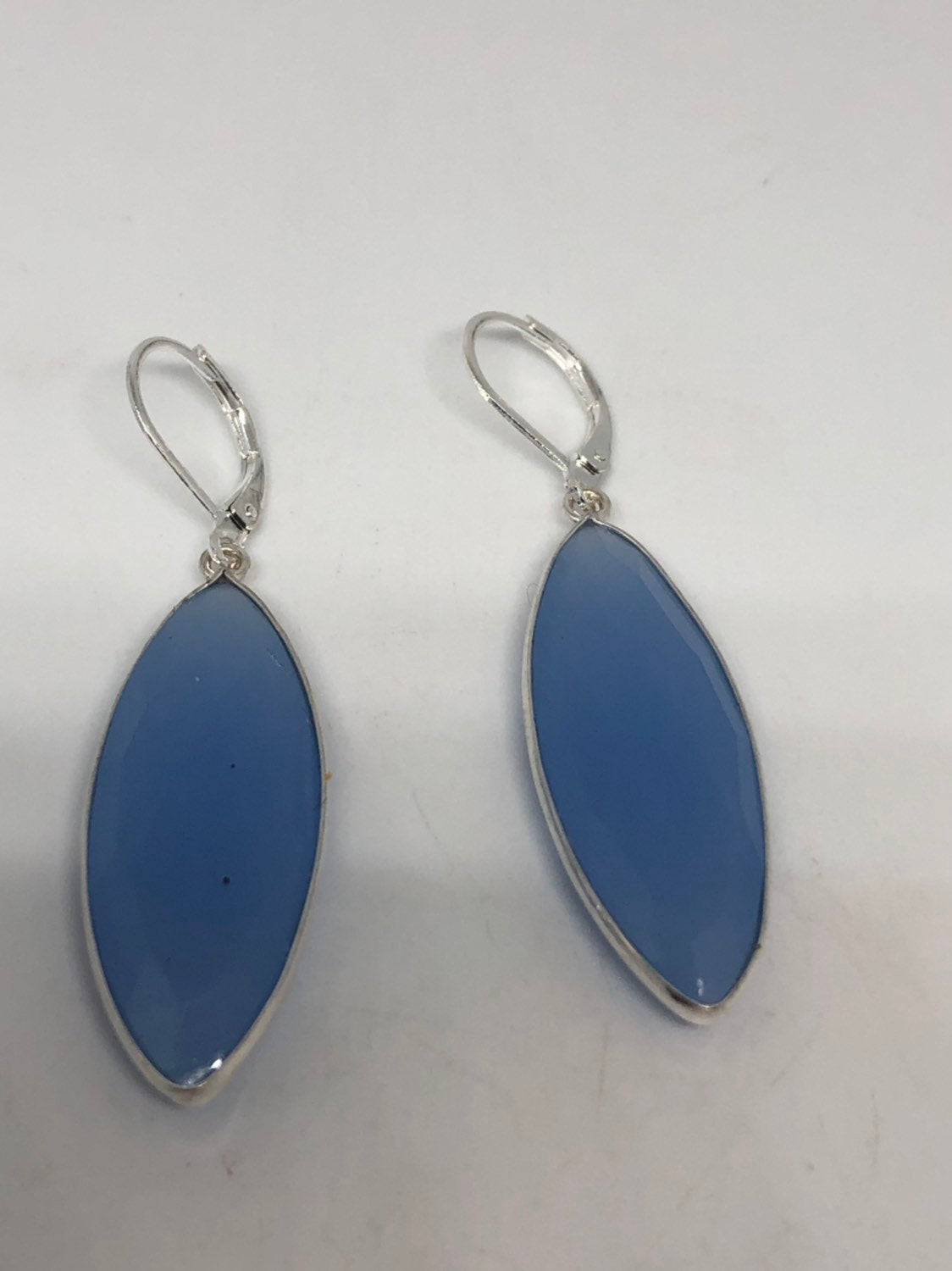 Vintage Blue Chalcedony Gemstone Sterling Silver Lever Back Chandelier Earrings