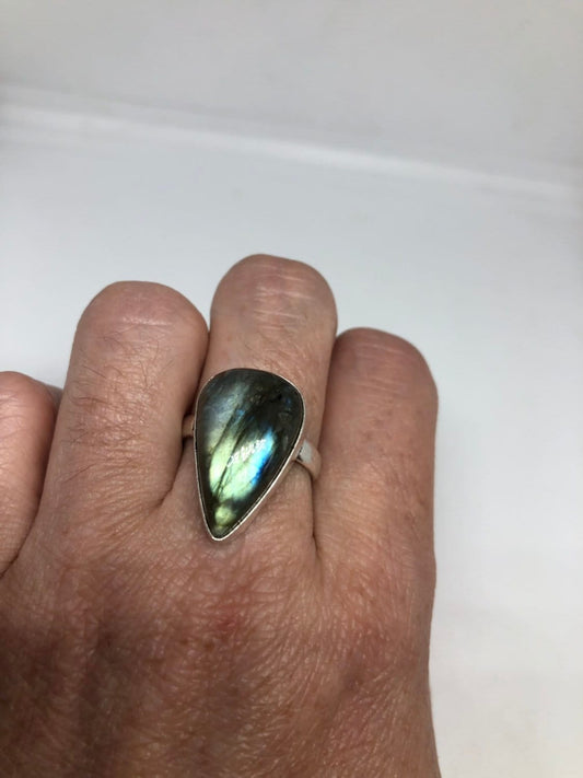 Vintage Blue Green Labradorite Stone Silver Ring Size 8.5