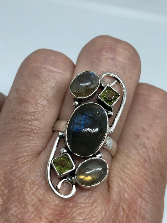Vintage Large Blue Green Labradorite and Peridot Stone Silver Ring