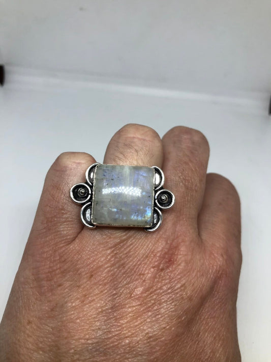 Vintage Genuine Blue White Rainbow Moonstone Ring Statement Cocktail Size 6.75