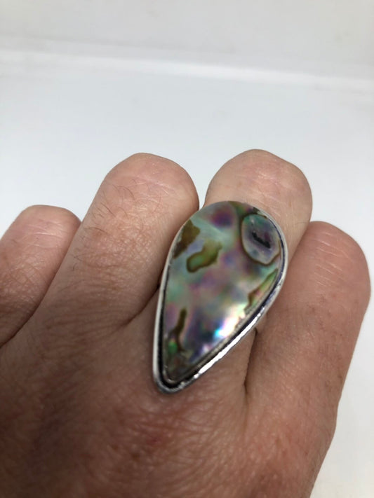 Antique Green Abalone Gothic Filigree Silver Ring